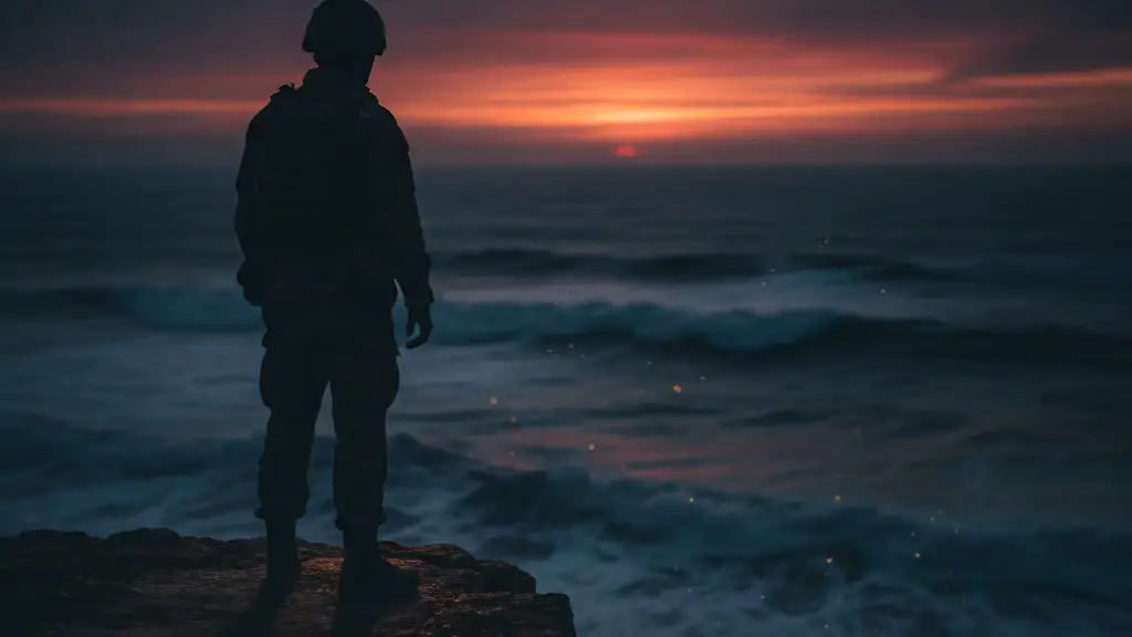 Silhouetted military figure overlooking a turbulent sea at dusk.
