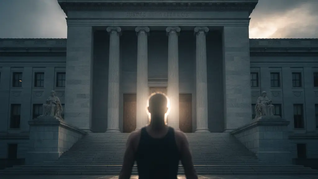 Silhouetted figure of a swimmer before a grand legislative building.