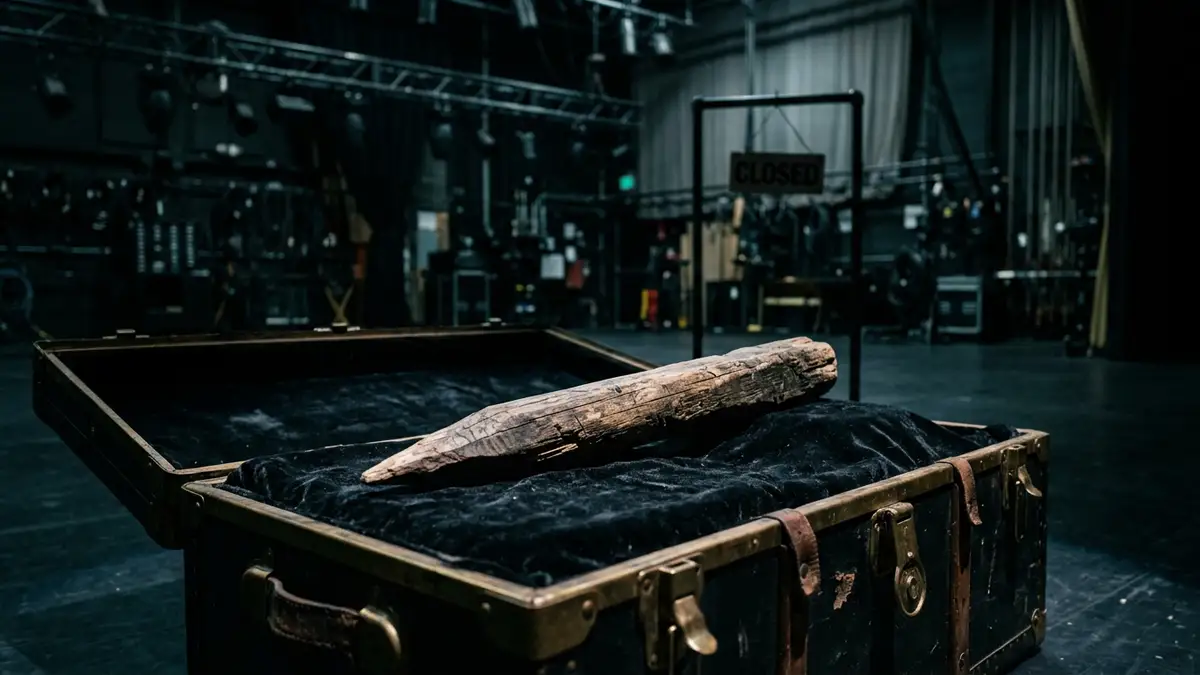 A wooden stake resting on a velvet surface in a dimly lit, empty film studio.