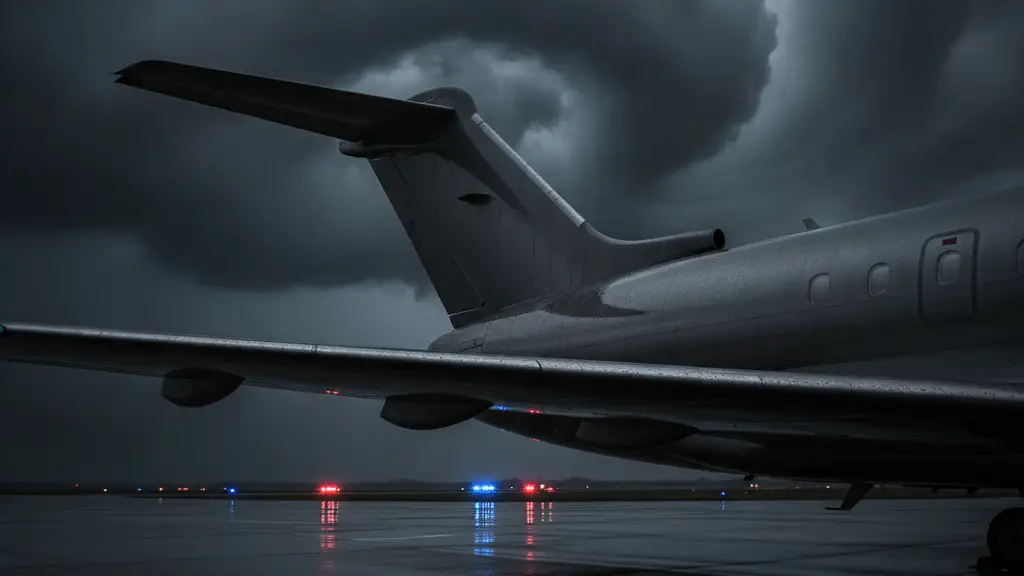 Tail fin of a government jet under dark clouds, emergency lights reflecting on wet tarmac.