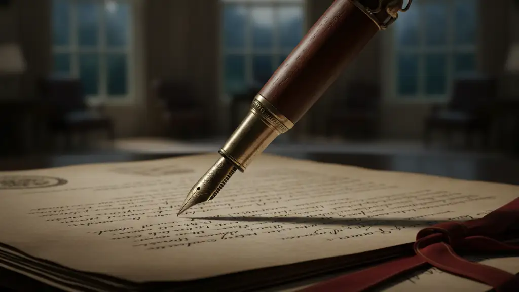 A heavy pen poised over official documents, casting a dramatic shadow.