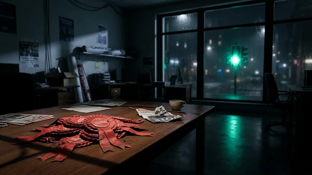 Discarded red political rosettes on a table in a dark, empty campaign office.