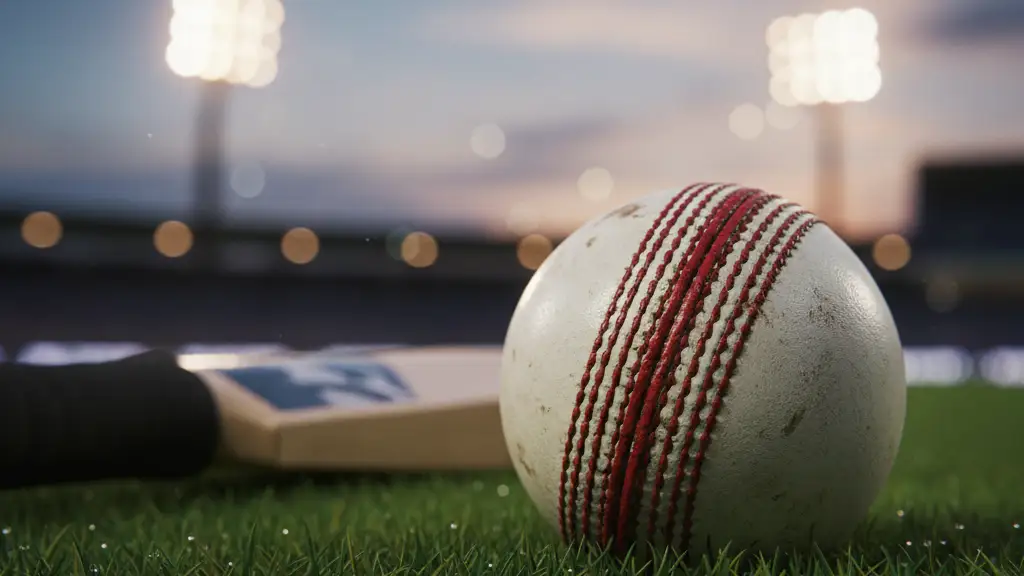 A cricket ball and bat resting on a green field under stadium lights.