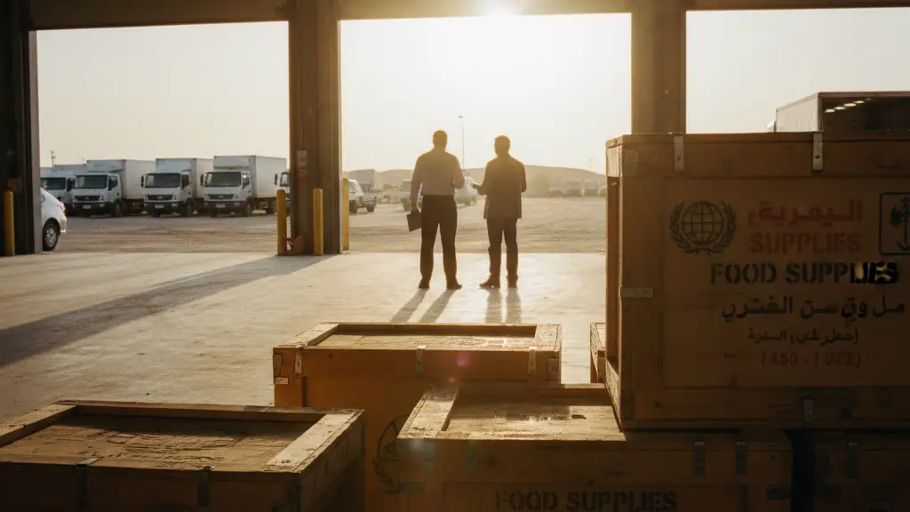 Silhouetted figures look out from a warehouse toward aid trucks in a desert landscape.