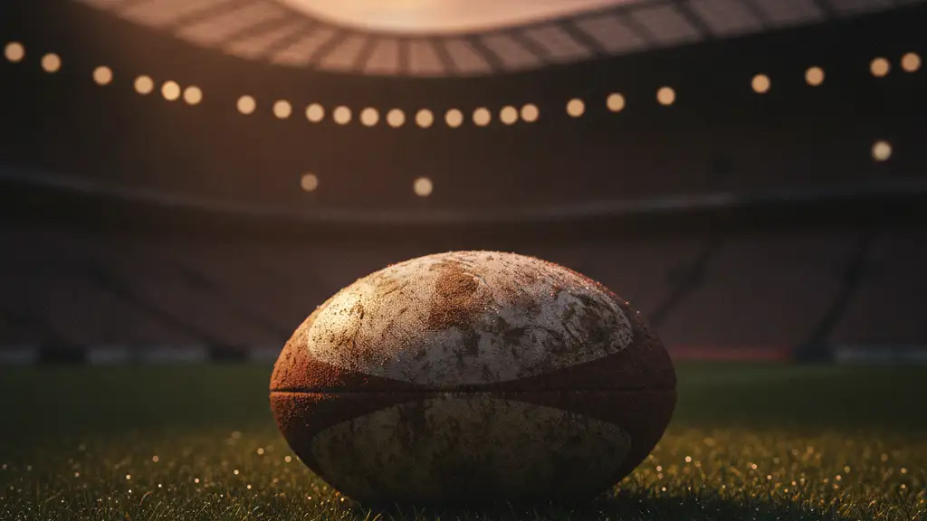 Mud-splattered rugby ball on a stadium pitch at dawn under dramatic spotlight.