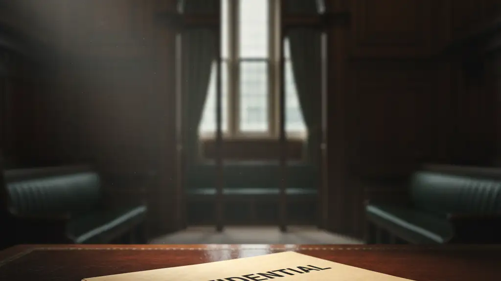 A confidential file folder on a dark desk with a blurred House of Lords background.