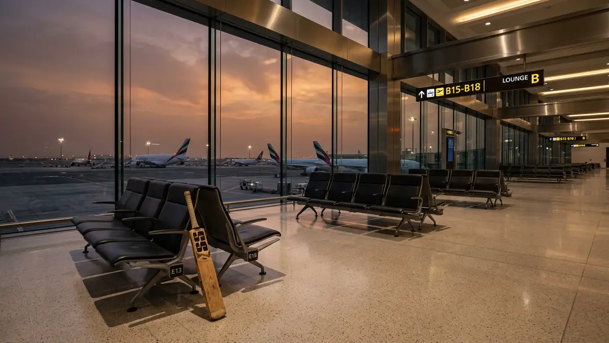 A cricket bat leans against empty airport terminal seats overlooking grounded planes at sunset.