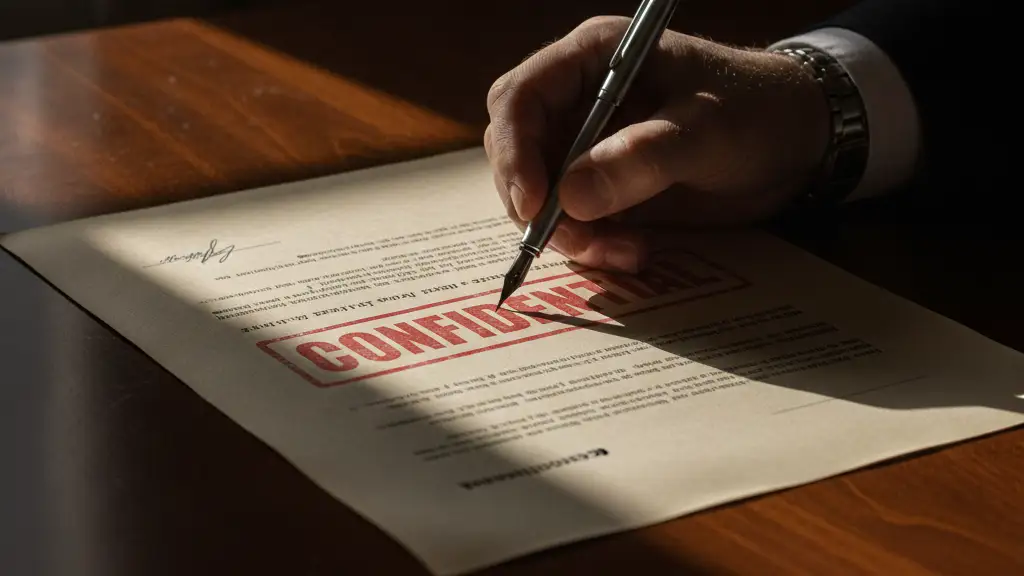 Confidential document being signed on a dark wooden desk, high contrast.