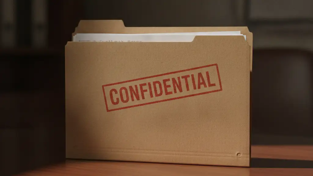 Confidential file folder on a mahogany desk, dramatic lighting.