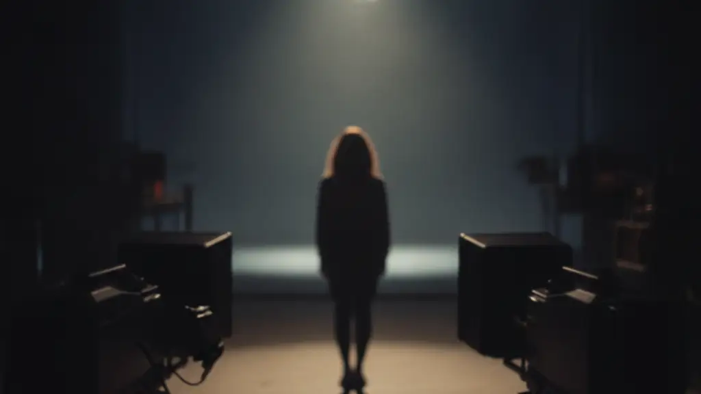 Silhouette of a woman on an empty, dimly lit TV set, cameras in foreground.