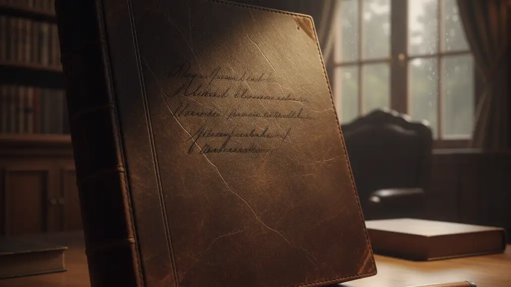 A close-up of a leather-bound football club ledger in a dimly lit office.