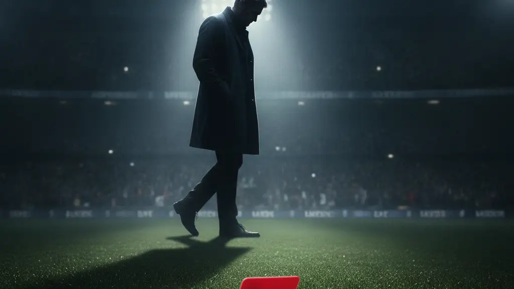 A silhouetted football manager walks away from a pitch with a red card.