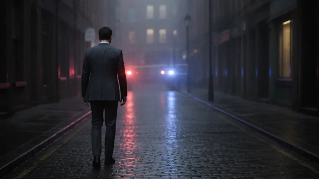 Blurred figure walks away from police tape on a wet Soho street at night.