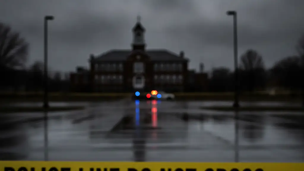Police tape in foreground, blurred school building and emergency lights in background.