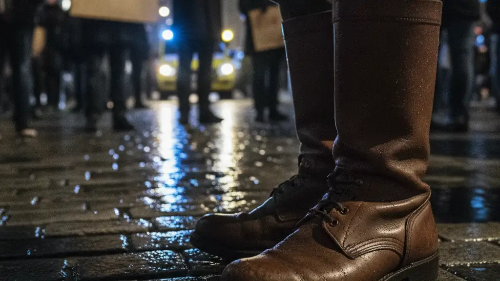 Military boots on wet cobblestones, blurred protest crowd in background.