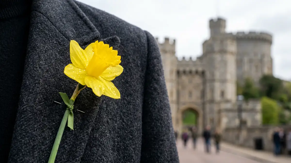 A close-up of a yellow daffodil pinned to a dark coat lapel at Windsor Castle.
