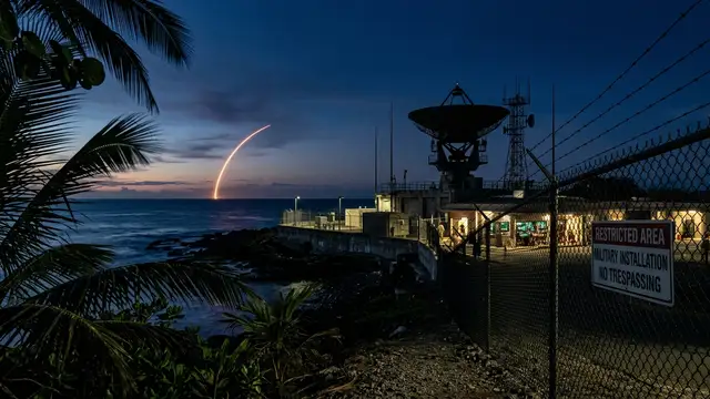 A military radar dish on a tropical coast at night with a missile streak overhead.