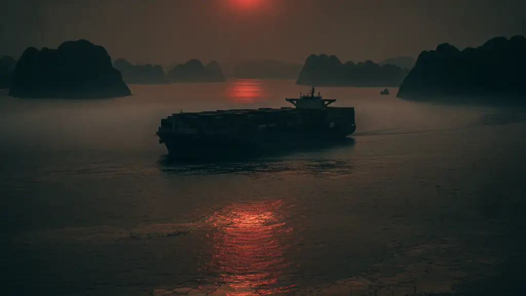 Silhouette of a large container ship against a hazy, oil-slicked sunset over turbulent water.