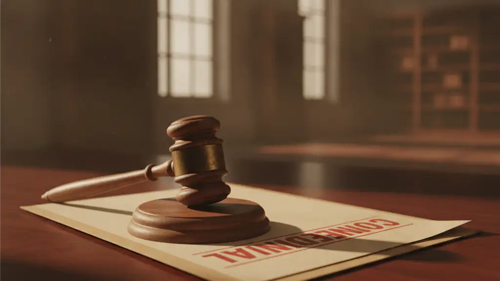 A heavy wooden gavel rests on a mahogany desk next to a 'CONFIDENTIAL' file.