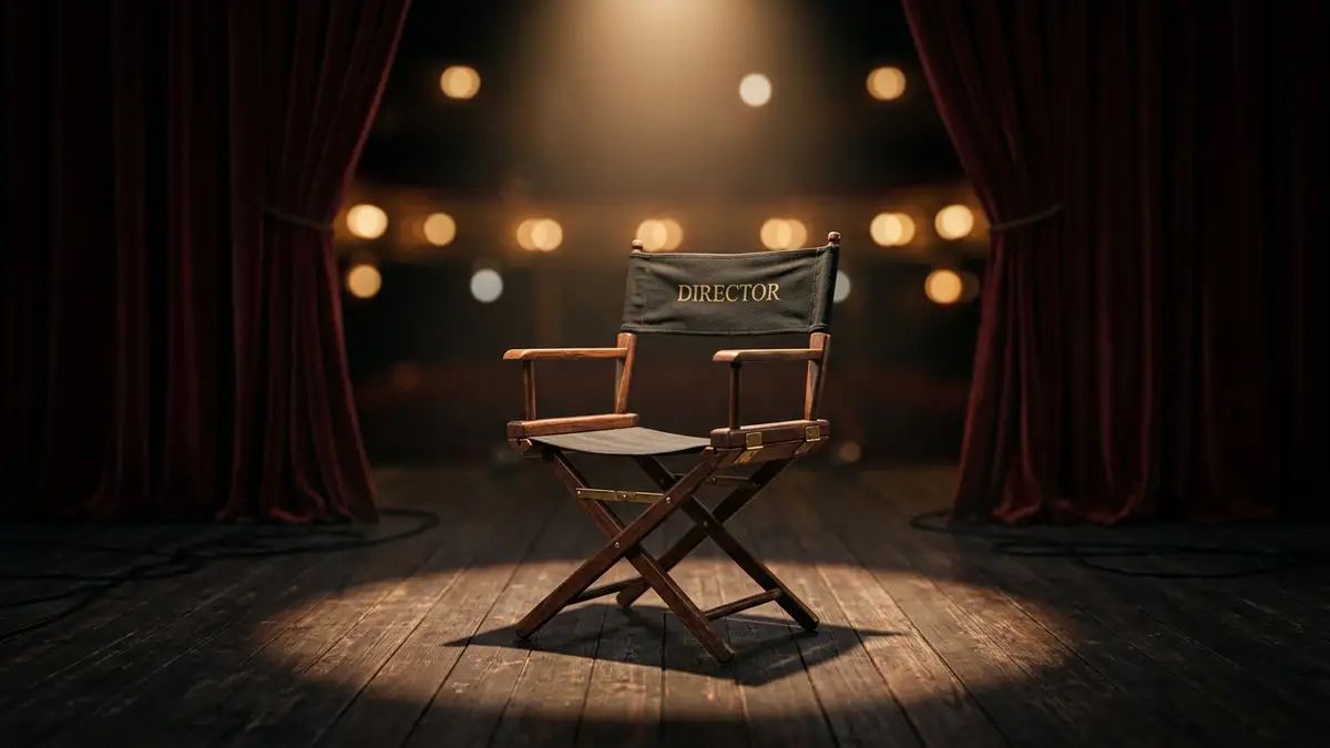 An empty director's chair on a quiet, dimly lit stage under a single spotlight.