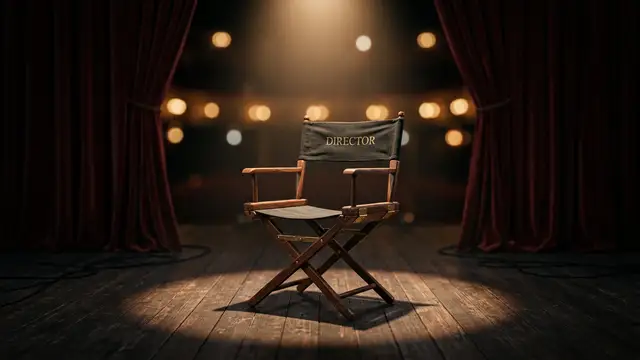An empty director's chair on a quiet, dimly lit stage under a single spotlight.
