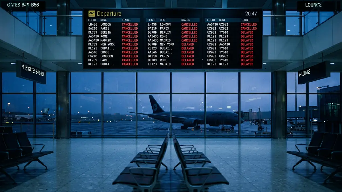 An airport departure board showing multiple cancelled flights above empty terminal seating at dusk.