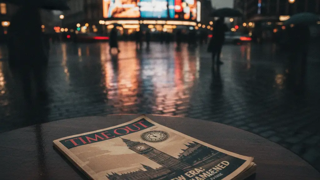Vintage Time Out magazine on table, blurred Piccadilly Circus in background.