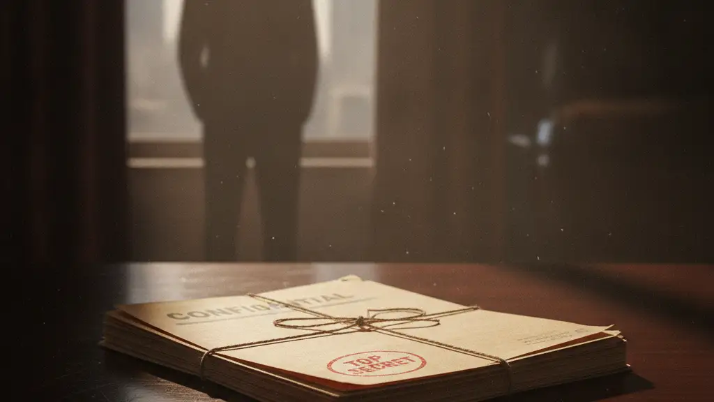 Confidential file on a desk, with a blurred figure in the background.