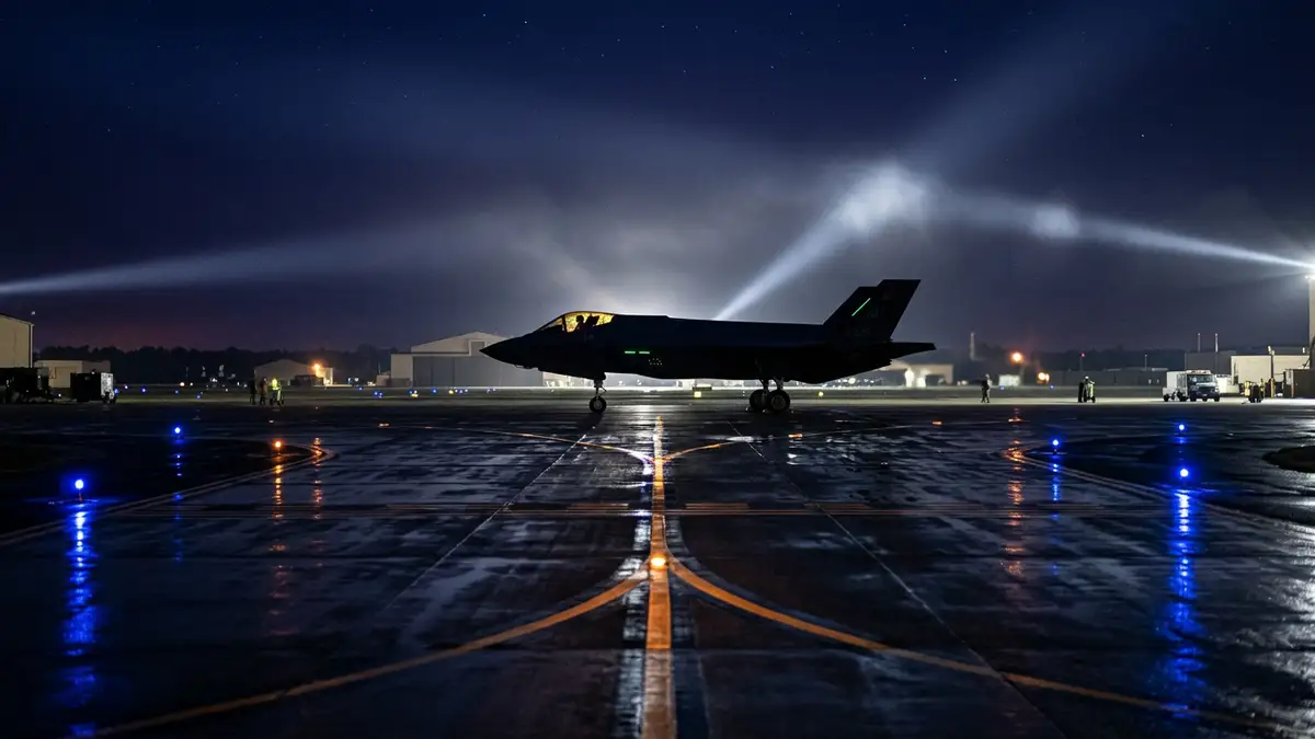 A silhouetted fighter jet on a military runway at night under blue airfield lights.