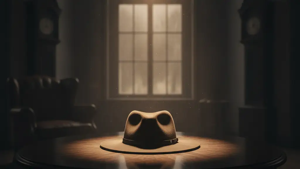 A lone fedora hat rests on a dark wooden table, dramatically lit.