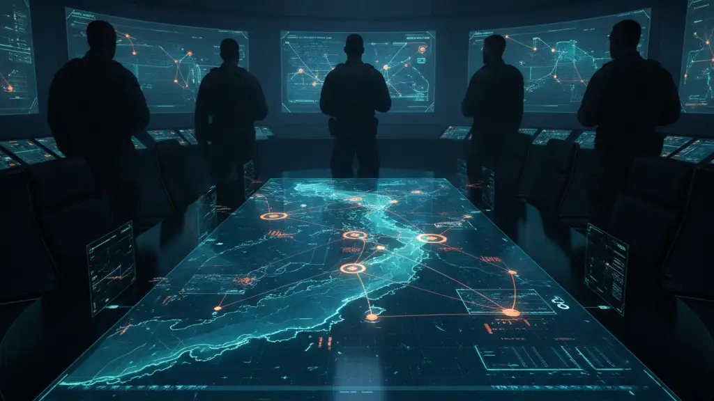 Holographic map in a military command center, showing strategic points over water.