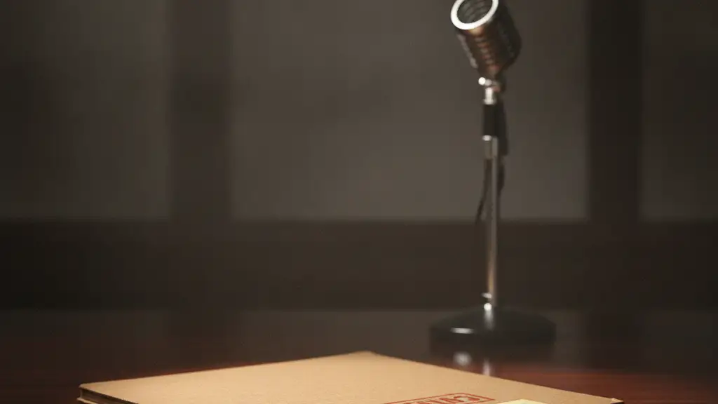 Confidential file on mahogany desk, empty microphone stand blurred in background.