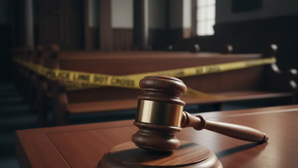 A wooden gavel on a desk with blurred police tape in a courtroom background.