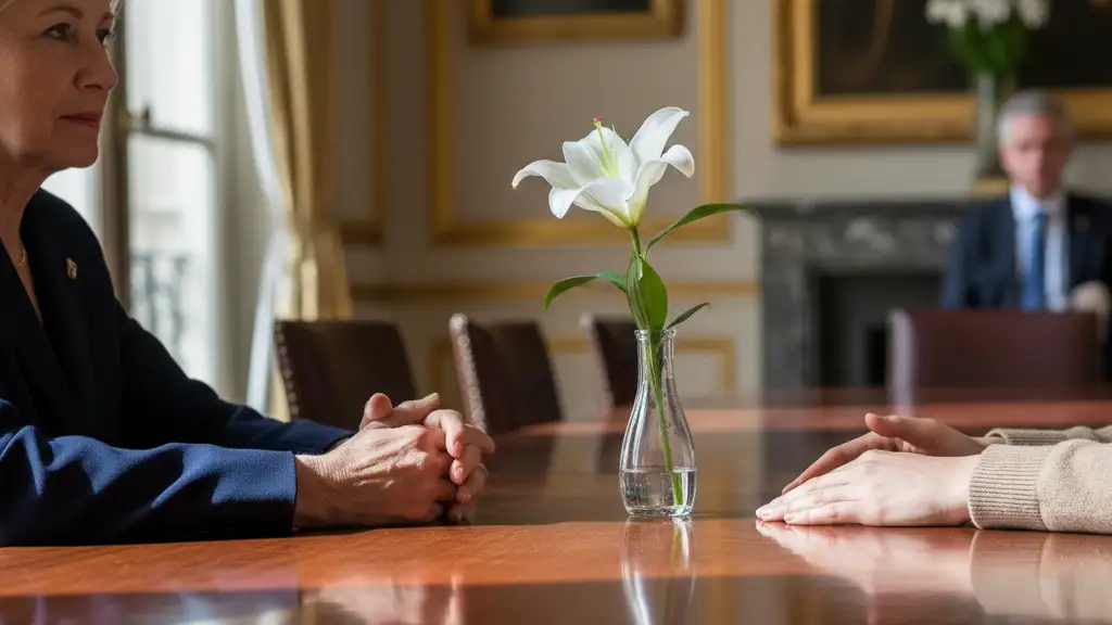 Close-up of two women's hands resting on a table with a single white lily.