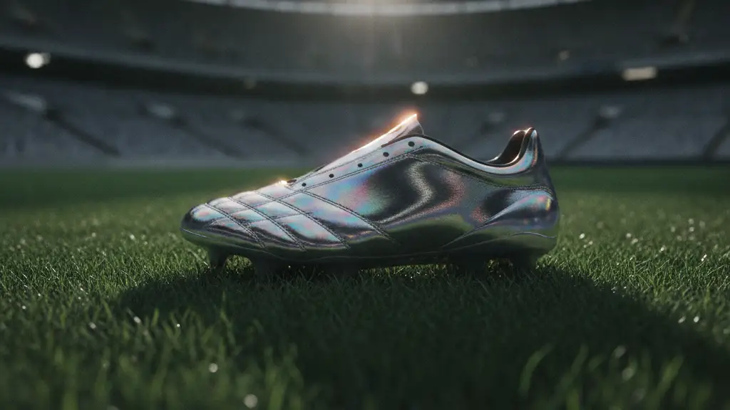 A lone football boot on a stadium pitch under dramatic backlighting.