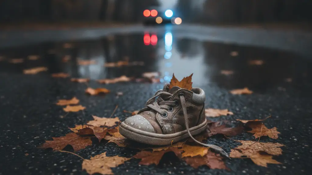 A child's shoe on wet leaves, with blurred emergency lights reflecting in a puddle.