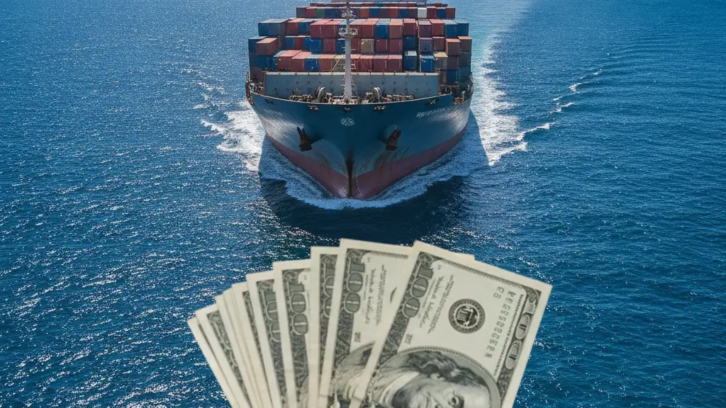 Container ship in a strait, blurred hand holding US dollars in foreground.