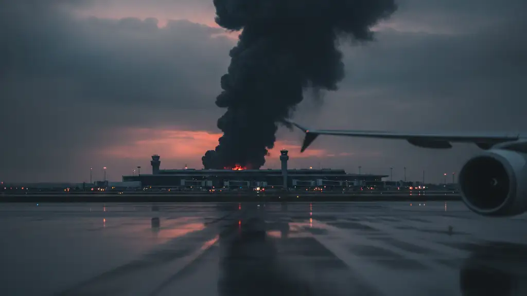 Smoke rising from a distant airport terminal with blurred tarmac in the foreground.