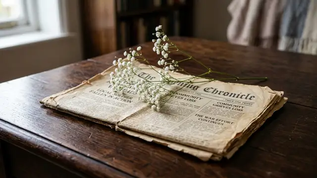 Antique newspaper with baby's breath flowers on a dark wooden surface.