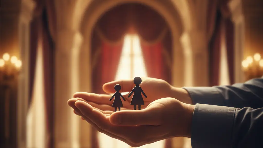 Man's hands gently holding two small, silhouetted child figures in an ornate room.