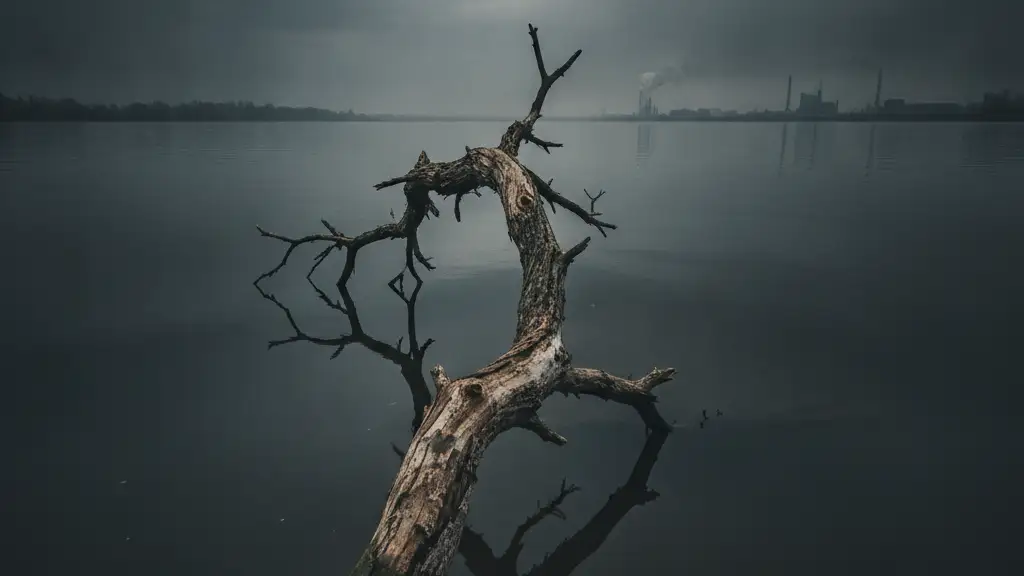 Murky river water with a partially submerged, gnarled tree branch, reflecting an overcast sky.