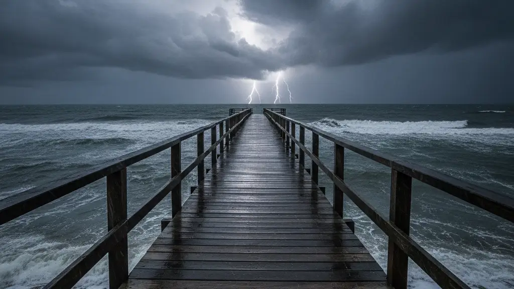 A lone wooden pier extends into a dark, turbulent ocean under a stormy sky.