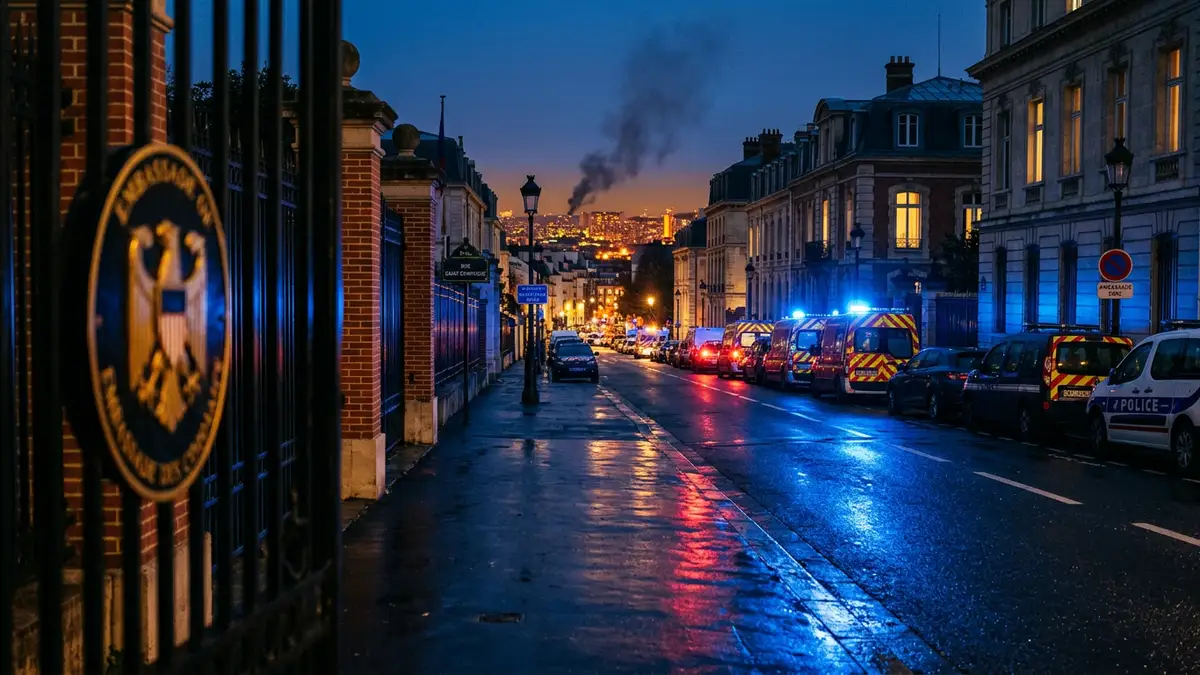 Emergency lights reflect on a wet street near a diplomatic gate under a smoky sky.