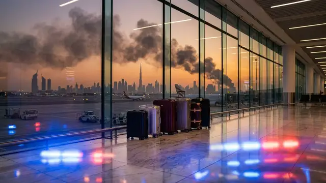 Abandoned luggage in a luxury terminal with smoke rising over a distant city skyline.