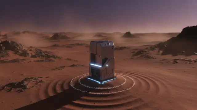 Seismic sensor probe on red Martian soil, subtle ground vibrations, twilight sky.