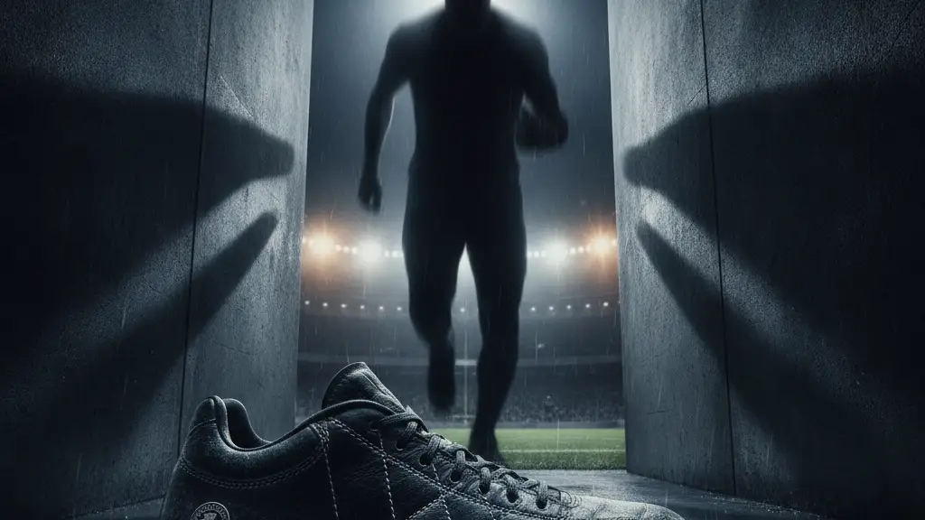 Silhouette of a football player's legs and boot in a stadium tunnel.