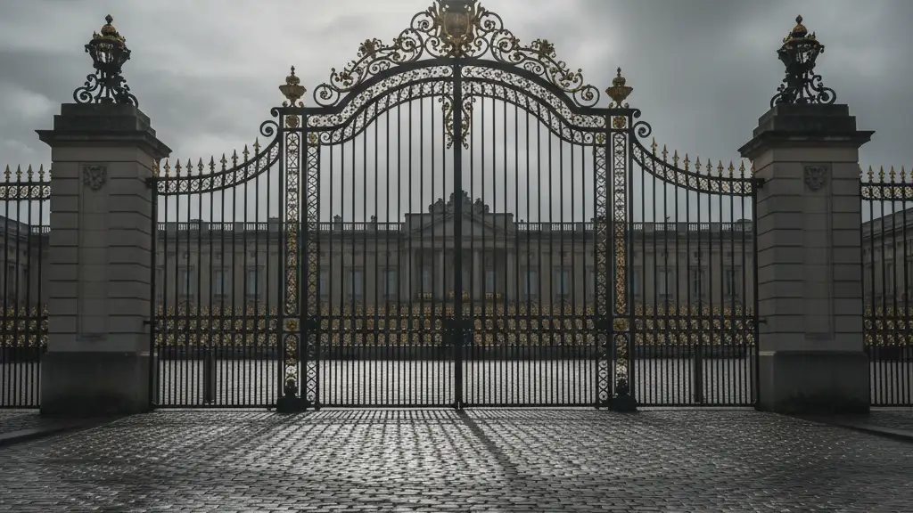 Closed ornate palace gates casting long shadows on a cobblestone path under a grey sky.
