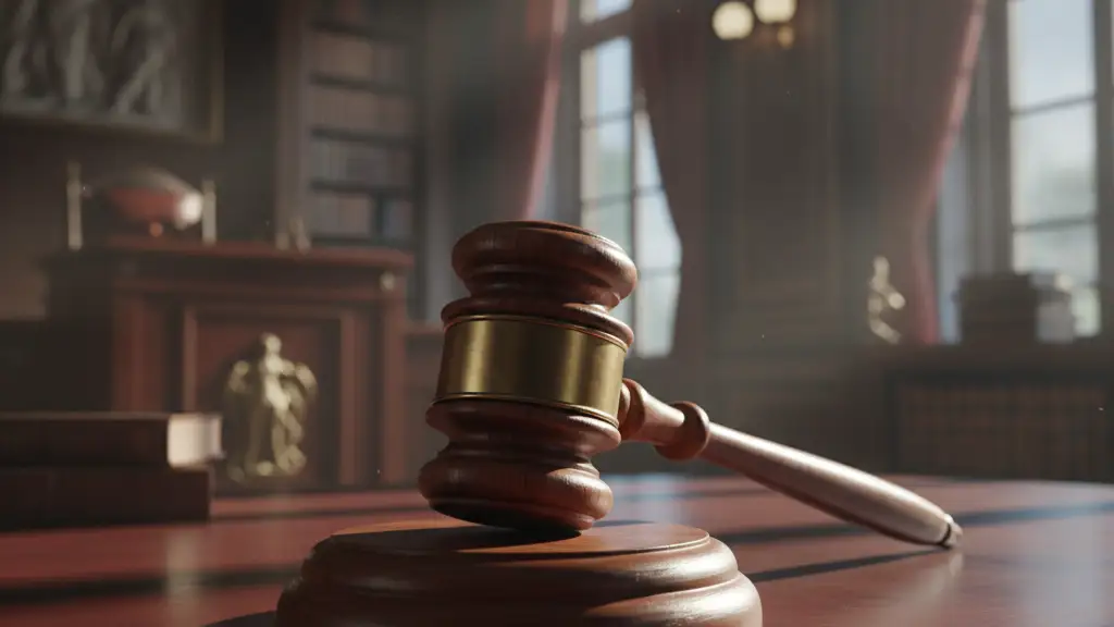 A heavy wooden gavel rests on a polished mahogany desk in a courtroom.