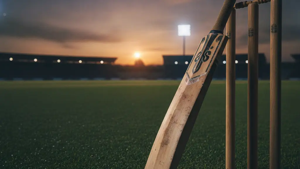 Cricket bat leaning against stumps on an empty pitch at dusk.