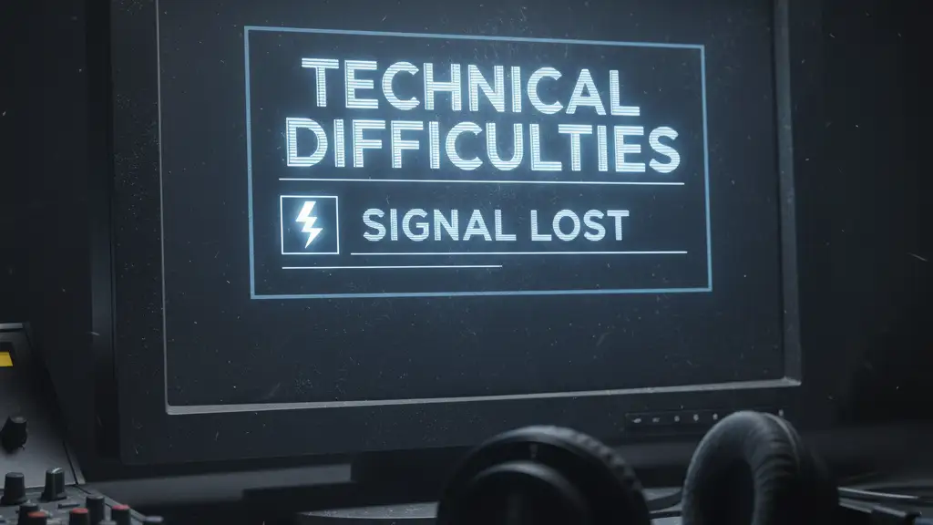 A broadcast monitor in a dark room showing a signal lost graphic next to headphones.